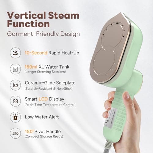 Travel Steamer for Clothes, 1400W Travel Iron, 10-Second Rapid Heat-Up Clothes Steamer with LCD, 180° Rotating Handle & Ceramic Soleplate for Travel, Home, Office Use（Green） — view 2