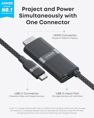 Anker Nano USB C to HDMI Cable Adapter with 140W PD Fast Charging Port, 4K@60Hz HDMI to USB C Cord, Sustainable with Advanced Shielding, Thunderbolt 5/4/3 Compatible, for MacBook, iPhone, HD TV (6 FT) — view 2