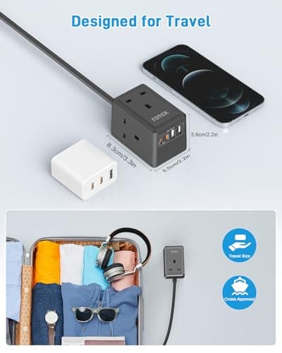 Extension Lead with USB C Slots, FDTEK Mini Plug Extension Cube with 3 way Outlets and 4 USB Ports, Travel Extension Socket with 1.5M Cord, UK Mountable Power Strip for Home Office Cruise-Black — view 6