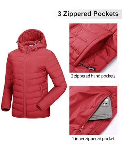 Outdoor Ventures Women's Winter Lightweight Puffer Jacket with Hood, Warm, Short, Packable, Quilted, Transitional, Padded Jacket for Ladies, Lined for Hiking, Travel Red 2XL — view 5