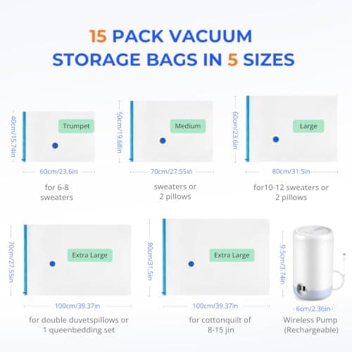 15 Pack Vacuum Storage Bags with Cordless Electric Pump in 5 Combo Sizes — view 2