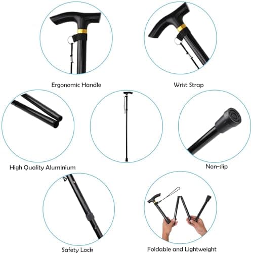 ZYWQ Walking Stick, Folding Lightweight Walking Stick Aluminum Metal Collapsible Travel Cane with Non-Slip Rubber Base for Men & Women-Black — view 4