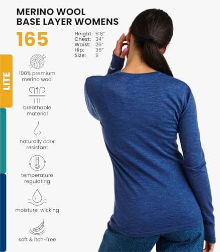100% Merino Wool Base Layer Womens - Long Sleeve Thermal Shirts + Socks (Medium, 165 Windsor Blue) — view 2