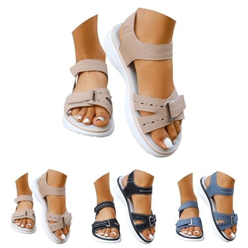 Orthopedic Sandals for Women UK Plantar Fasciitis Comfort Wedge Sandals Open Toe Ankle Strap Sandal Summer Wide Fit Cushion Walking Shoes Ladies Casual Summer Sandal with Arch Support 1-Beige, 6 — view 5