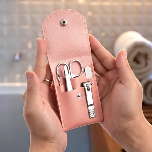 HANTEKAS Travel Manicure Set Professional Nail Clipper Kit-5 Pieces Stainless Steel Manicure Kit, Women Men Grooming kit With Nail Care Tools Beauty Scissors Tweezers (Silver Pink) — view 2