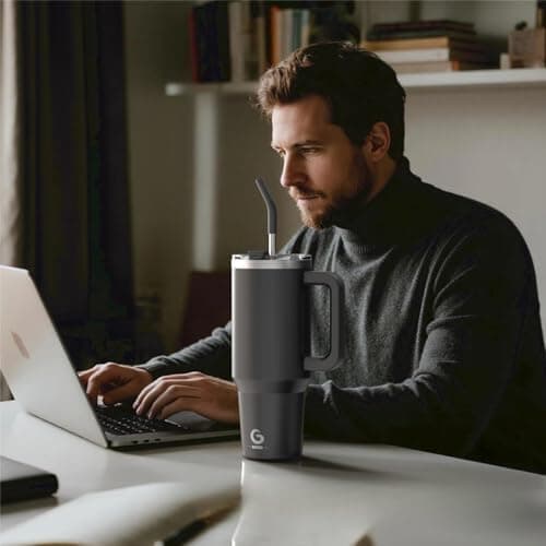 BIGRD Insulated Coffee Cup Travel Mug with Handle and Straw 40oz,Stainless Steel Double Wall Vacuum Leak Proof Water Bottle for Cold Hot 1.2L,BPA-Free,Black — view 5