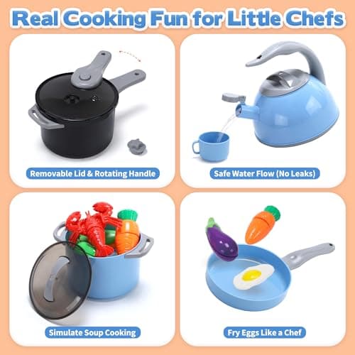 CUTE STONE Kids Kitchen Pretend Cooking Toy Set with Pressure Cooker, Toy Pots & Pans, Play Food, Kids Cookware Utensils & Shopping Basket, Toddler Kitchen Accessories Gift for Boys Girls — view 4