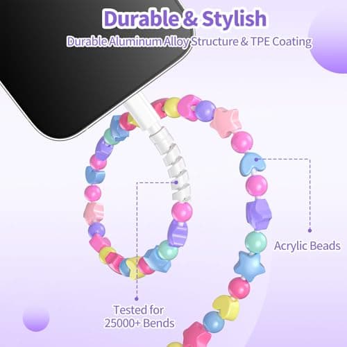 Coolden for iPhone Charger Cable 1M 66W 3A Fast Charging Phone Charger Cables Cute Stars Beaded Girls Women iPhone Charging Cable for iPhone 14 13 12 11 Pro Max XS XR X 8 7 6, iPad and iPod-Colorful — view 5