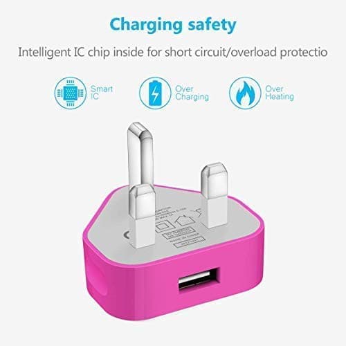 Themax® 1000mAh USB UK 3 Pin Plug Travel Charger Adapter CE Approved Compatible iPhone iPad All Models Samsung Galaxy HTC LG Sony Huawei Motorolla Etc (Hot Pink) — view 5