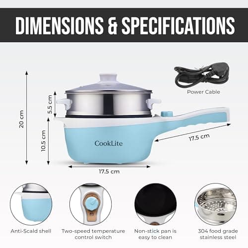 Electric Hot Pot with Steamer – 1.8L Multi-Functional Cooker, Non-Stick, Adjustable Temperature, Portable & Compact for Easy Cooking, Boiling, Simmering & Frying – Ideal for Home, Dorm & Travel (Blue) — view 3