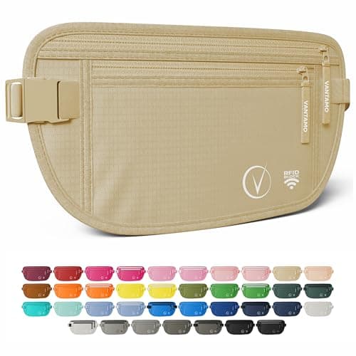 Vantamo Bum Bag with RFID, Ultra-Thin Money Belts for Travel Hidden Men, 2 Compartment Fanny Pack for Women Fits Passport & Phone to Protect Valuables, Waist Bag for Traveling, Hiking & Walks