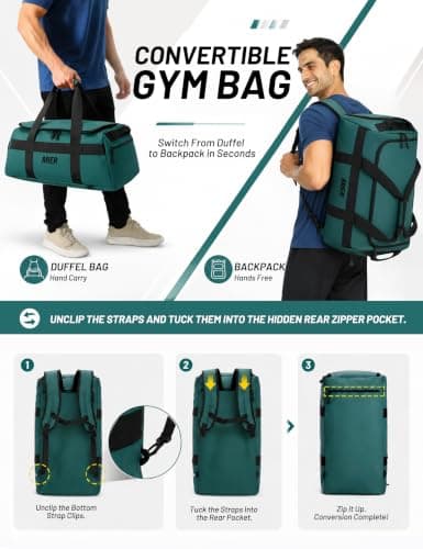 MIER Men's 60L Gym Duffle Bag Large Weekender Travel Duffel Backpack, Dark Teal, 25.5 inches x 13.3 inches x 11 inches, Casual — view 2