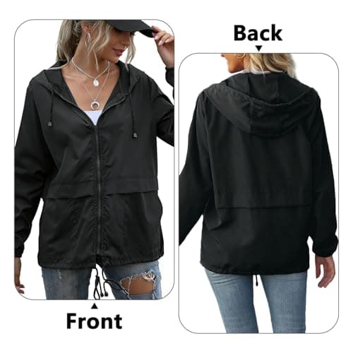 JiaYouLC Womens Lightweight Waterproof Jackets Packable Raincoat With Hoodie Waterproof Running Rain Jacket for Outdoor Walking Hiking (UK, Alpha, S, Regular, Regular, Black) — view 2
