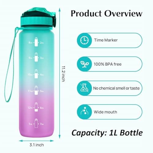 EYQ 1L Water Bottle, 1 Litre Water Bottle with Straw, 32oz Leak-Proof Motivational Sports Drinks Bottle with Time Marker, Tritan BPA-Free, Drinking Waterbottles for Gym Outdoor Sports — view 2