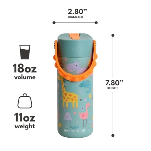 Elemental Insulated Kids Water Bottle, Stainless Steel Water Bottle with Straw Lid & Pop-It Handle, Leak-Proof Water Bottles for School, Boys or Girls, Travelling and Sports, 530ml - Safari — view 2
