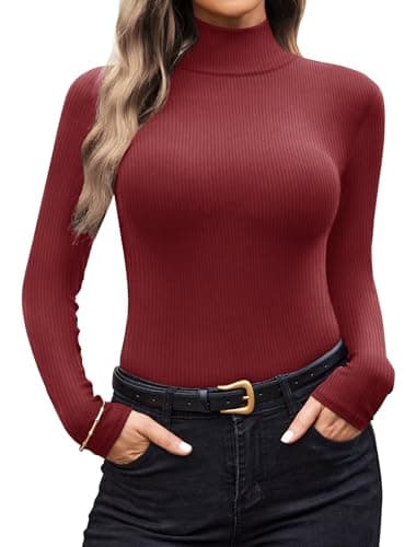 Ekouaer Long Sleeve Tops Women Ribbed Basic, 1pc Wine Red, M