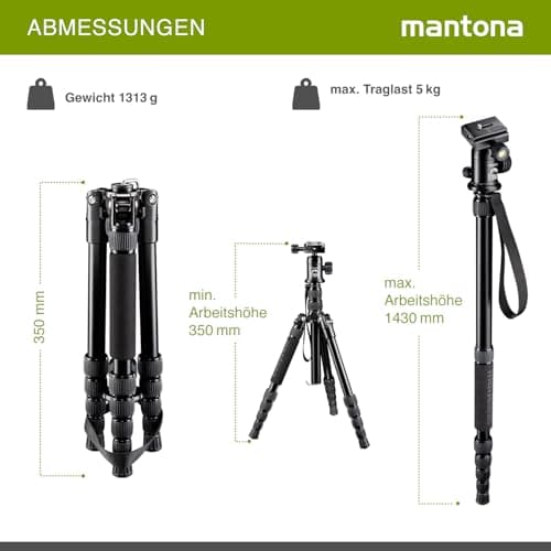 Mantona DSLM travel tripod (incl. ball head, load-bearing capacity of up to 5 kg, rotatable centre column, compact dimensions, tripod holder) for system cameras, DSLRs and compact cameras — view 5