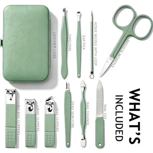 HANTEKAS Manicure Set 10 in 1 Stainless Steel, Nail Clippers Scissors Pedicure Tools Kit - Portable Travel Grooming Kit for Men and Women with Leather Case (Jade Green) — view 2