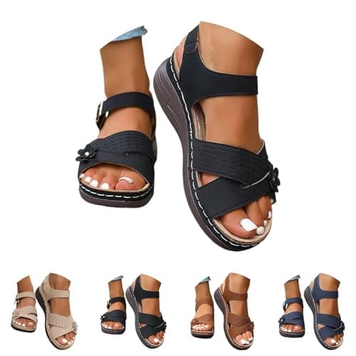 Orthopedic Sandals for Women UK Plantar Fasciitis Comfort Wedge Sandals Open Toe Ankle Strap Sandal Summer Wide Fit Cushion Walking Shoes Ladies Casual Summer Sandal with Arch Support 2-Black, 6 — view 2