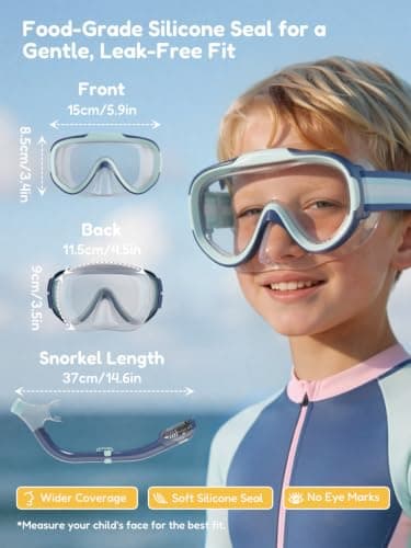 ACURE Kids Swim Goggles for Boys Girls Ages 3-14, Anti-Fog Snorkel Mask Set with Nose Cover and Fabric Strap Children Diving Mask in Swimming Pool for Youth (Blue & Mint/Blue, Mask & Snorkel Set) — view 6