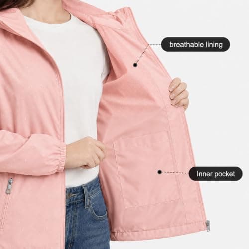 GDOKKNY Women Waterproof Rain Jacket, Lightweight Packable Hooded Raincoat with Storage Pouch, Windproof Rain Coat for Cycling Hiking Commuting Travel — view 4