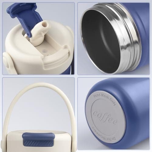 PATMOSEAL 500ml Thermo Flask for Hot & Cold Drinks - Vacuum Thermal Flask Drinking Bottle with Straw Lid & Strap Handle - Insulated Travel Small Water Flask Stainless Steel (Blue) — view 6