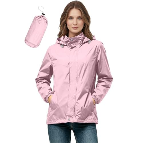 Ladies Waterproof Golf Jacket Packable Lightweight Rain Jacket Women Windbreaker Full Zip Bicycle Rain Coat Hooded Long Sleeve Breathable Raincoat for Walking Outdoor with Pockets
