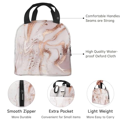 HYEPNED Rose Golden Marble Reusable Insulated Lunch Bags for Women & Kids & Girls & Adults & Ladies, Waterproof Leak-Proof Cool Bag for Work School Picnic (Pink) (Pink) — view 4