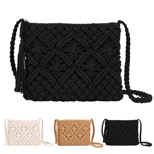 Sahunfri Straw Crossbody Bag for Women Bohemian Shoulder Bag Woven Crochet Purse For Summer Beach Travel Clutch Handbag (Black)