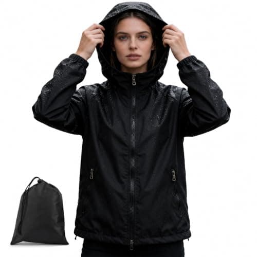 Innfttwo Lightweight Rain Jackets Womens ladies Waterproof Jackets with Hood Packable Raincoat Women, Black, M