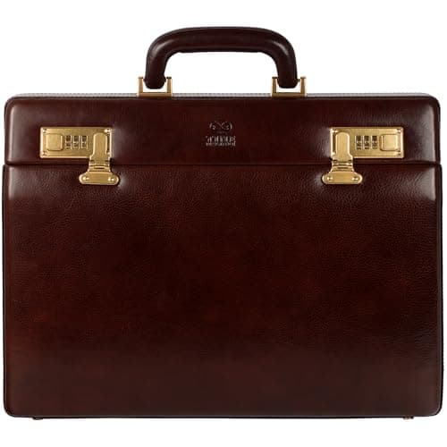 Time Resistance Leather Attache Case - Full Grain Italian Leather Briefcase - Laptop Bag up to 15” - Hard Case with Lock