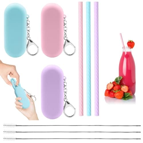 Reusable Silicone Straws, 3 Pack Foldable Travel Straws