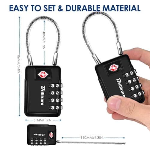 2 Pack TSA Approved Luggage Locks, Alloy 4-Digit Combination Travel Cable Padlock, Metal Waterproof Lock, TSA Accepted Outdoor Keyless Resettable Lock for Lockers, Bags, Gym, Gate-Black — view 2
