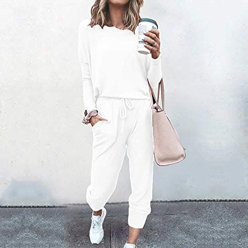 Travel Outfit Airport Set Women Petite Two-Piece Loungewear Set, Long Sleeve Casual Tracksuit, Solid Colour, Drawstring Jogger Pants with Pockets Round Neck Top Pullover for Workout 2026 (White, M) — view 3