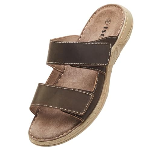 ISQFIQ Wide Fit Mens Sliders Sandals, Real Leather Walking Sandal with Adjustable Strap, Open Toe Indoor Outdoor Mules Shoes for Summer Casual Travel Hiking Beach Trekking Fisherman Dark Brown UK 12