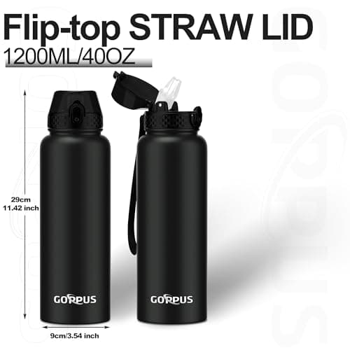 GOPPUS 1.2L/40oz Stainless Water Bottle with Straw Double Wall Insulated Bottles with Strap Large Vacuum Thermal Flask Leakproof Keep Cold Drinks Bottles with Flip Top Lid for Men Women BPA Free — view 3