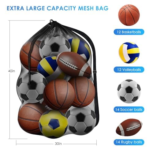 BROTOU Extra Large Sports Ball Bag, Drawstring Mesh Ball Bag, Adjustable Shoulder Strap, Mesh Storage Bag for Football, Basketball, Volleyball, Swimming Gear (30” x 40”) — view 2