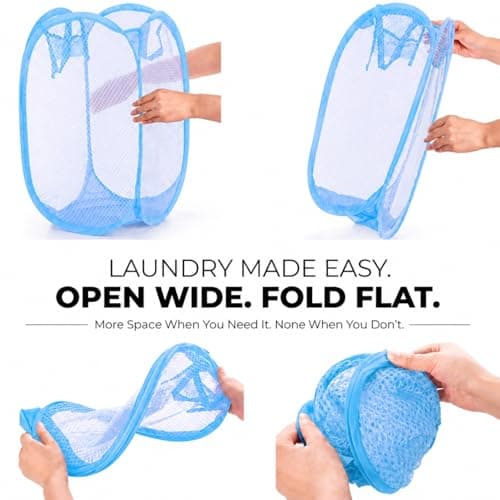HOMESHOPA Laundry Baskets Pop Up Mesh Washing Bag, Blue Foldable Dirty Clothes Baskets with Handles&Side Pocket, Collapsible Toy Tidy Storage Organiser, Great for Kids Room, College Dorm Travel — view 2