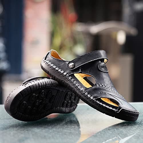 Rojeam Mens Casual Synthetic Leather Sandals Closed Toe Beach Slippers Flat Shoes Summer Sandals for Hiking Trekking, Black, 8.5 UK — view 2