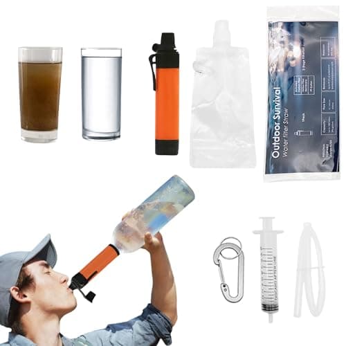 5-Layer 10-nanometer high-Precision Water Filter Camping Kit, Personal Backpacking Water Filter Purifier Straw, Portable Filtration System for Outdoor Hiking Travels (Orange Black)