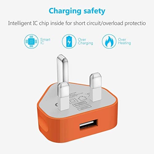 AMO® Charger Plug, UK 3 Pin Plug Charger, Adapter Compatible with Samsung Galaxy Compatible with iOSiPhone iOSiPad Sony Tab HTC Windows Phone Tablet Laptop and Many more (Orange) — view 5