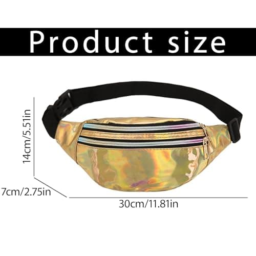 GWAWG Metallic Fanny Pack with Adjustable Strap, 3 Compartments, Waterproof Stylish Waist Bag in Multi Laser Flash Colors, Perfect for Everyday Use Party Carnivals Unisex Accessory — view 2