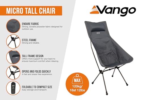 Vango Micro Steel Tall Camping Chair, Lighweight, Strong Foldable to Compact Size, High Back Design Garden Chair Perfect for Festivals, Fishing, Campers, Walkers (India Ink) — view 2