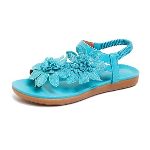 DFEK Womens Flat Sandals Summer Embroidery Flower Beach Flip Flops Ladies Thongs Elastic T-Strap Bohemian Shoes Casual Vacation(A01 Sky Blue,6.5) — view 3