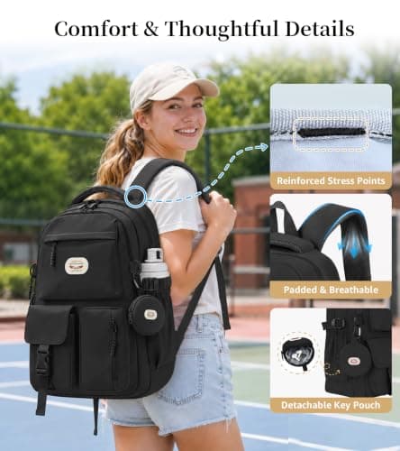 BECOJADDE Backpack School Bag for Women and Girls, 15.6" Laptop, Black 25L — view 5