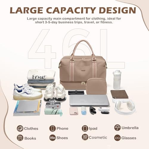 Weekender Bags for Women, Carry On Travel Duffel Bag with Shoe Compartment & Toiletry Bag, 46L Overnight Bag Gym Hospital Bags for Labor and Delivery (Champagne) — view 6
