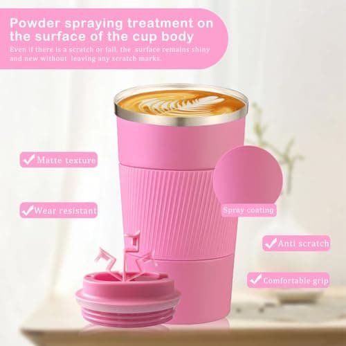 Senshuomy Travel Mug, Insulated Coffee Cup with Leakproof Lid, Reusable Coffee Cups Travel Cup, Stainless Steel thermaol Mug for Hot Cold Drinks (Pink 380ml) — view 5
