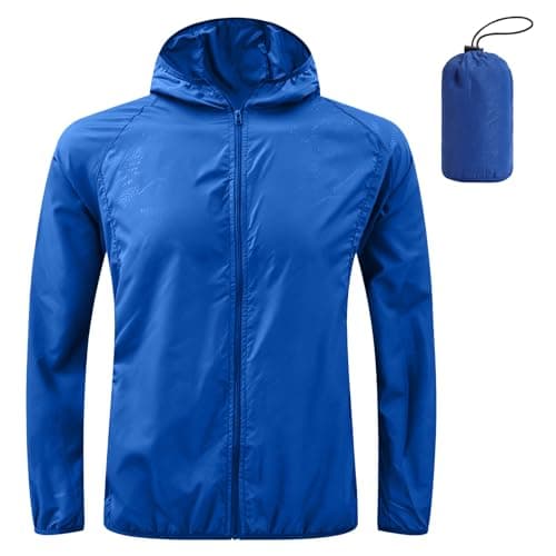 ADUDVLO Men's Lightweight Waterproof Jacket with Pockets, Packable Hooded Windproof Rain Jacket for Travel, Running & Hiking – Includes Carry Pouch (UK, Alpha, L, Regular, Regular, Blue)