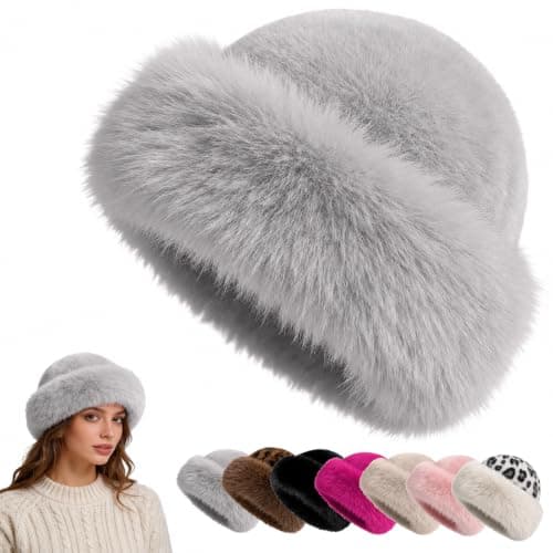 Faux Fur Bucket Hat for Women, Russian Style Winter Fluffy Fuzzy Ladies Hats Travel Hiking Work Home, Chapeau Fourrure Femme Winter Fashion Gift (Grey)