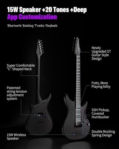 Inspire 39" Smart Electric Guitar - Carbon Fiber Body with Built-in 15W Speaker, 20 Tones & App Control, 4 Presets, Bluetooth, Gig Bag Included — view 2
